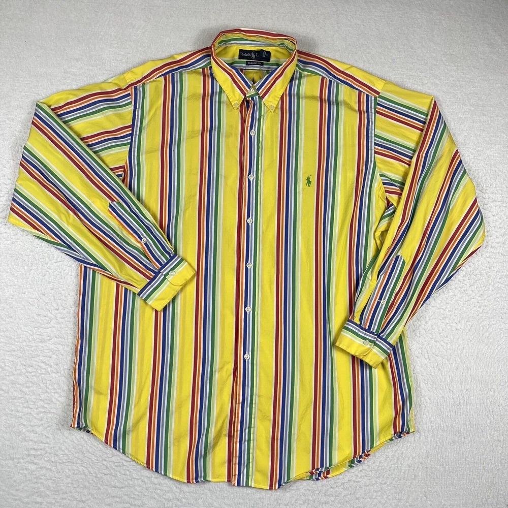 Ralph Lauren Shirt Mens XL Yellow Multi Stripe Classic Fit Button Down Preppy